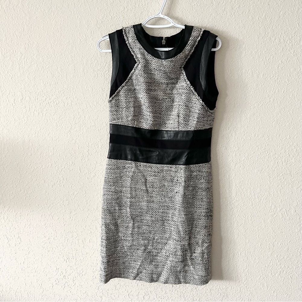 Rebecca Taylor Black Gray Tweed Sleeveless Shift Dress Size 8 Faux Leather